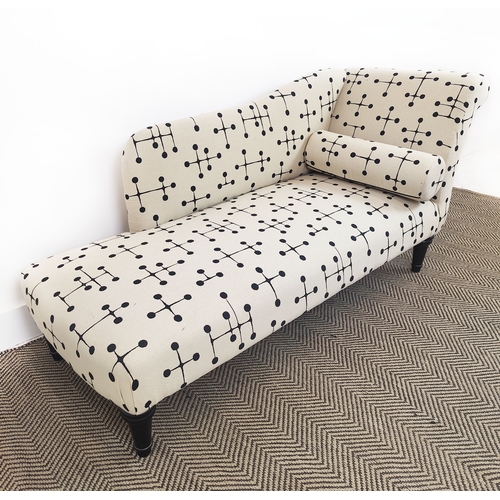 159 - CHAISE LONGUE, ebonised, in Art Deco style cream and black patterned fabric, 70cm H x 147cm W x 58cm... 