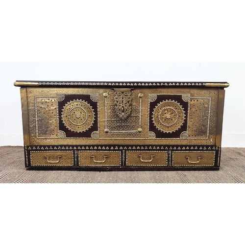 160 - ZANZIBAR CHEST, with a rising lid and studded and pierced brass sheet detail, 124cm W x 53cm D x 57c... 