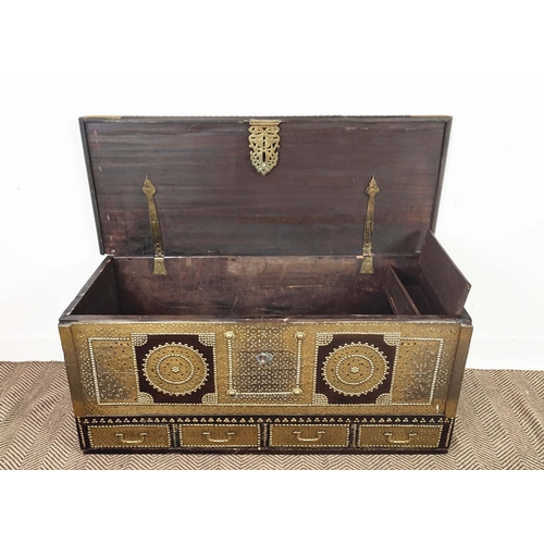 160 - ZANZIBAR CHEST, with a rising lid and studded and pierced brass sheet detail, 124cm W x 53cm D x 57c... 