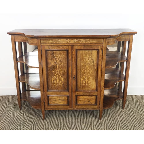 165 - SIDE CABINET, late Victorian rosewood and marquetry with two doors and mirror backed open shelves, 9... 