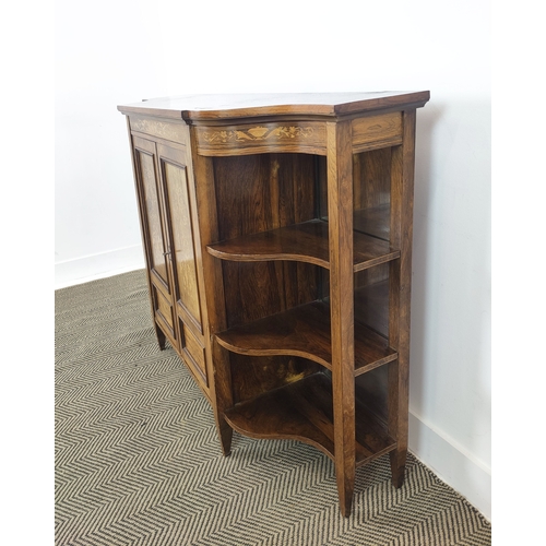 165 - SIDE CABINET, late Victorian rosewood and marquetry with two doors and mirror backed open shelves, 9... 