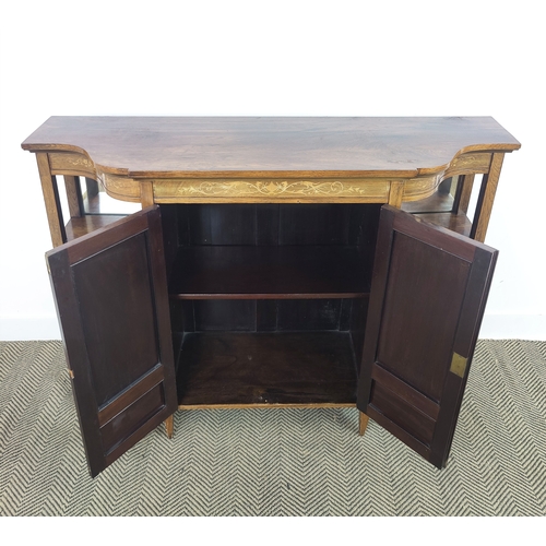 165 - SIDE CABINET, late Victorian rosewood and marquetry with two doors and mirror backed open shelves, 9... 