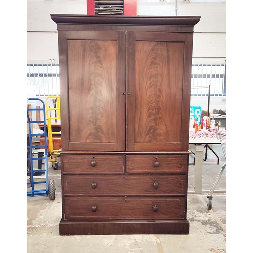 166 - LINEN PRESS, Victorian mahogany and boxwood strung with hanging rail and four drawers with VR stampe... 