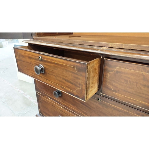 166 - LINEN PRESS, Victorian mahogany and boxwood strung with hanging rail and four drawers with VR stampe... 