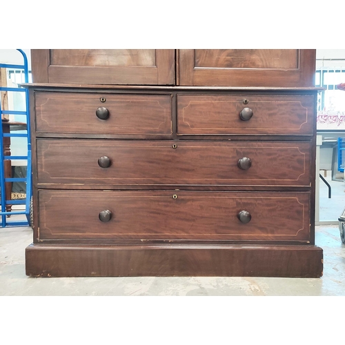 166 - LINEN PRESS, Victorian mahogany and boxwood strung with hanging rail and four drawers with VR stampe... 