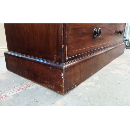 166 - LINEN PRESS, Victorian mahogany and boxwood strung with hanging rail and four drawers with VR stampe... 