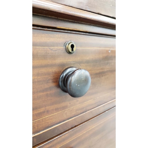 166 - LINEN PRESS, Victorian mahogany and boxwood strung with hanging rail and four drawers with VR stampe... 