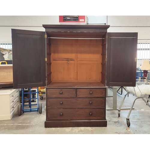 166 - LINEN PRESS, Victorian mahogany and boxwood strung with hanging rail and four drawers with VR stampe... 