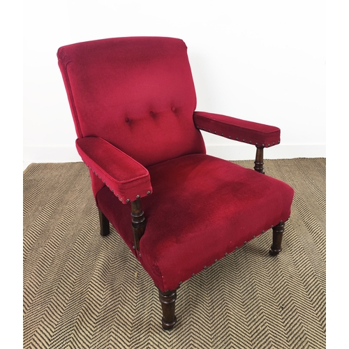 169 - ARMCHAIR, 19th century style in red velour on castors, 91cm H x 78cm W x 89cm D.