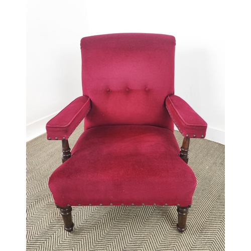 169 - ARMCHAIR, 19th century style in red velour on castors, 91cm H x 78cm W x 89cm D.