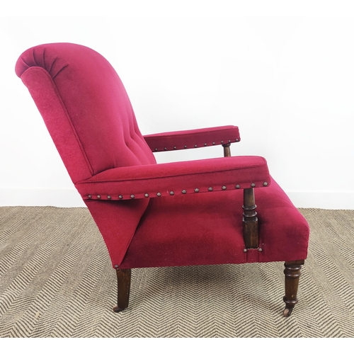 169 - ARMCHAIR, 19th century style in red velour on castors, 91cm H x 78cm W x 89cm D.