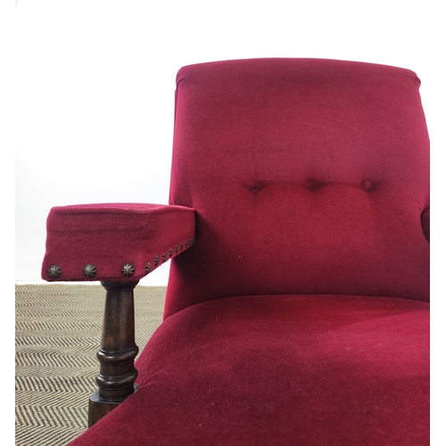 169 - ARMCHAIR, 19th century style in red velour on castors, 91cm H x 78cm W x 89cm D.