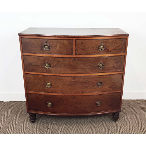 170 - BOWFRONT CHEST, George IV mahogany of five drawers, 104cm H x 107cm W x 52cm D.