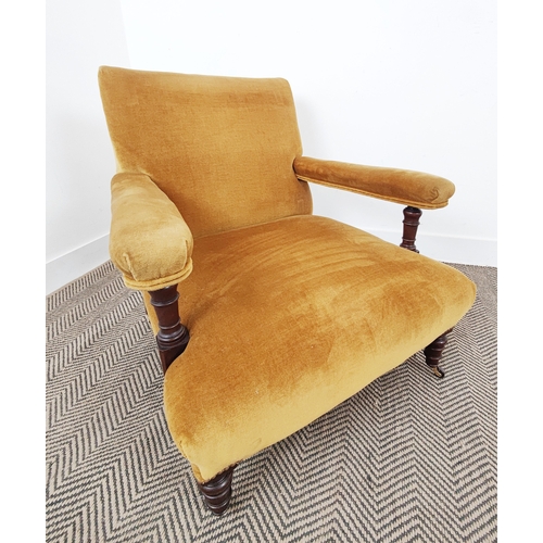 176 - HOWARD STYLE ARMCHAIR, Victorian design mahogany in gold velvet on castors, 72cm H x 73cm W x 88cm D... 