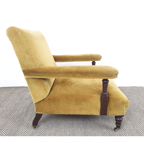 176 - HOWARD STYLE ARMCHAIR, Victorian design mahogany in gold velvet on castors, 72cm H x 73cm W x 88cm D... 