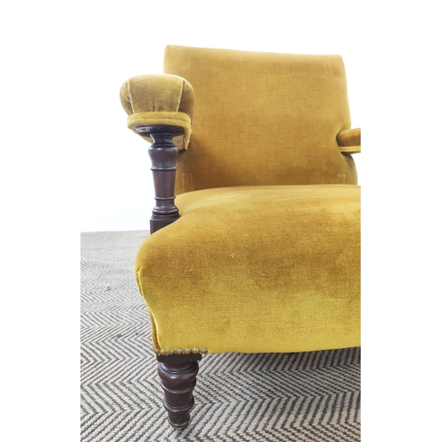 176 - HOWARD STYLE ARMCHAIR, Victorian design mahogany in gold velvet on castors, 72cm H x 73cm W x 88cm D... 