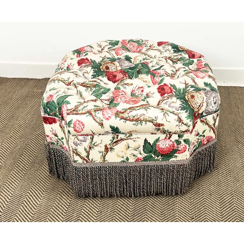 191 - OTTOMAN, upholstered in Colefax and Fowler rose pattern fabric with bullion fringe, 45cm H x 90cm di... 