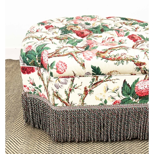 191 - OTTOMAN, upholstered in Colefax and Fowler rose pattern fabric with bullion fringe, 45cm H x 90cm di... 