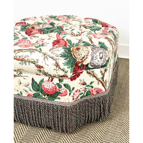 191 - OTTOMAN, upholstered in Colefax and Fowler rose pattern fabric with bullion fringe, 45cm H x 90cm di... 