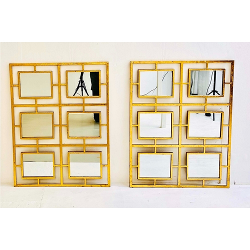 342 - WALL MIRRORS, a pair, gilt metal frames, each with six sectional mirror plates, 78cm H x 60cm W. (2)