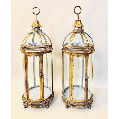 343 - LANTERNS, a pair, Regency style gilt metal and glass, 80cm H x 22cm W x 22cm D. (2)