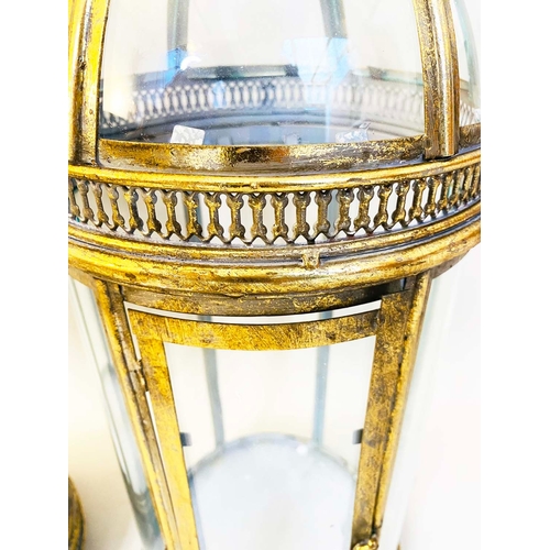 343 - LANTERNS, a pair, Regency style gilt metal and glass, 80cm H x 22cm W x 22cm D. (2)