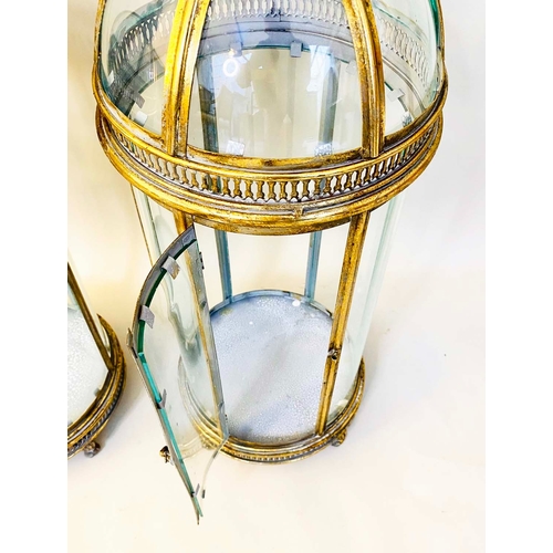 343 - LANTERNS, a pair, Regency style gilt metal and glass, 80cm H x 22cm W x 22cm D. (2)