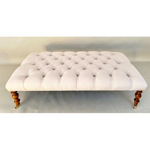 344 - FOOTSTOOL, Victorian style, deep buttoned neutral linen upholstery on turned supports, 33cm H x 126c... 