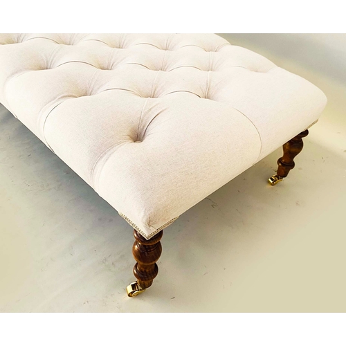 344 - FOOTSTOOL, Victorian style, deep buttoned neutral linen upholstery on turned supports, 33cm H x 126c... 