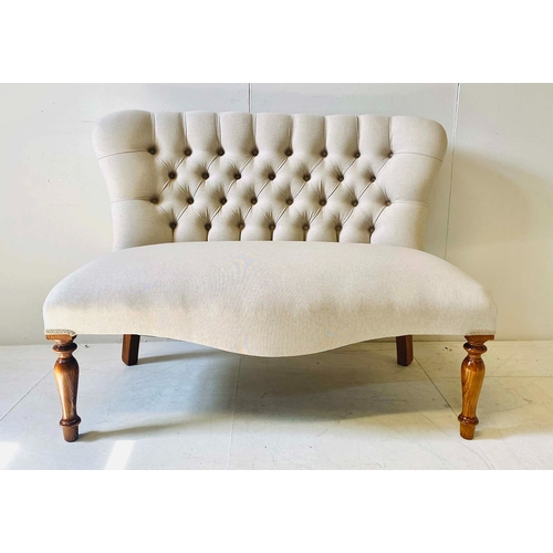 345 - SOFA, Victorian style with buttoned back neutral linen upholstery, 80cm H x 107cm W x 65cm D.