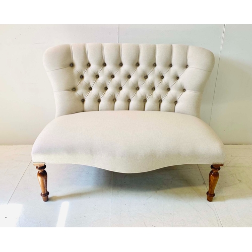 345 - SOFA, Victorian style with buttoned back neutral linen upholstery, 80cm H x 107cm W x 65cm D.