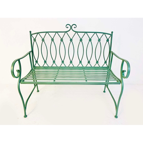 348 - GARDEN BENCH, green painted wrought metal, 92cm H x 107cm W x 54cm D.