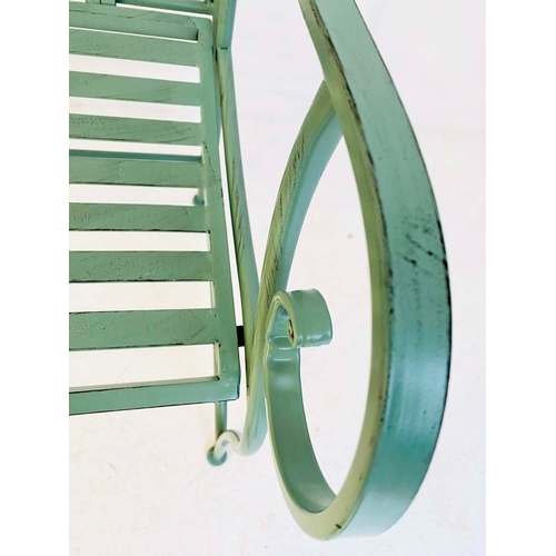 348 - GARDEN BENCH, green painted wrought metal, 92cm H x 107cm W x 54cm D.