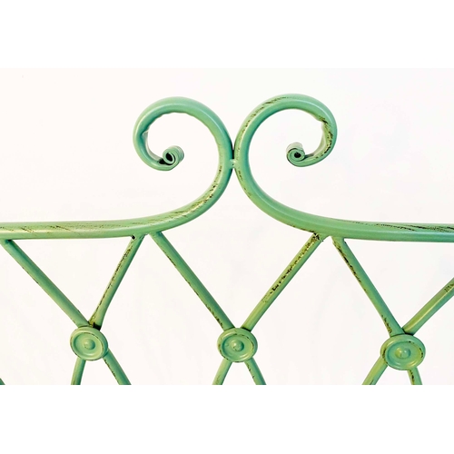 348 - GARDEN BENCH, green painted wrought metal, 92cm H x 107cm W x 54cm D.