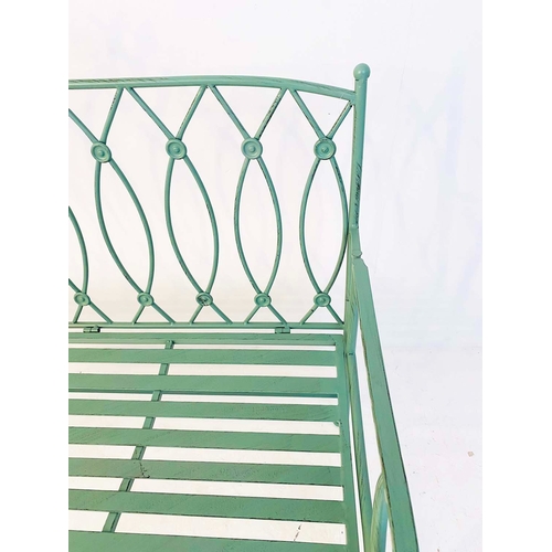 348 - GARDEN BENCH, green painted wrought metal, 92cm H x 107cm W x 54cm D.