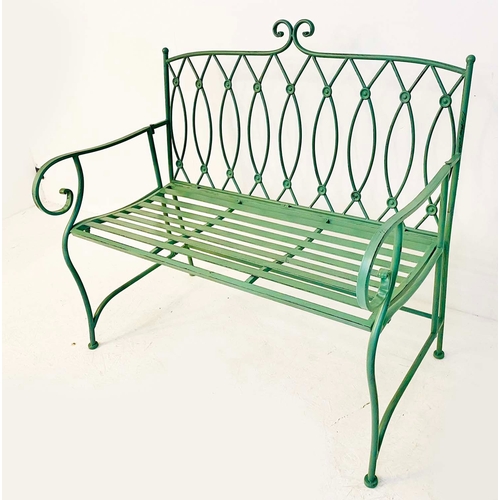 348 - GARDEN BENCH, green painted wrought metal, 92cm H x 107cm W x 54cm D.