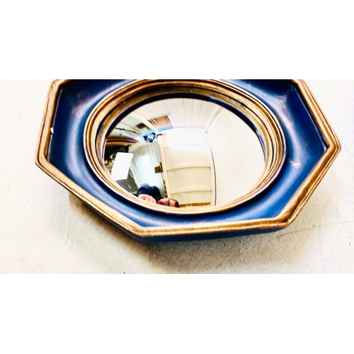 354 - CONVEX MIRRORS, a collection of twelve, blue and gilt frames, various sizes and designs, 26cm diam. ... 