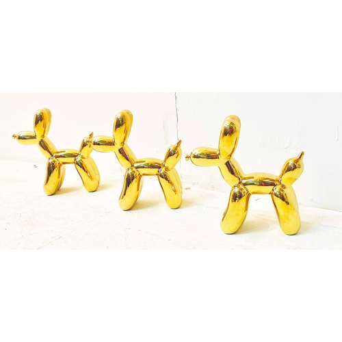 357 - CONTEMPORARY SCHOOL BALLOON DOG SCULPTURES, gilt ceramic, a set of three, 22cm H x 8cm W x 22c, D. (... 