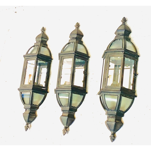 360 - WALL LANTERNS, a set of three, mirrored backs and distressed metal, 71cm H x 22cm W. (3)