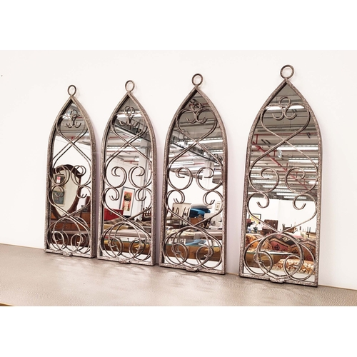 363 - ARCHITECTURAL GARDEN MIRRORS, a set of four, metal arched frames with plant pot holders, 58cm H x 28... 