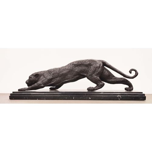 367 - AFTER DH CHIPARUS PANTHER SCULPTURE, cast metal on stone base, 23cm H x 61cm L.