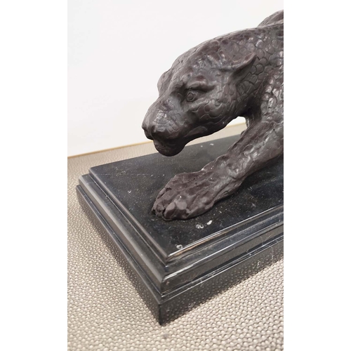 367 - AFTER DH CHIPARUS PANTHER SCULPTURE, cast metal on stone base, 23cm H x 61cm L.