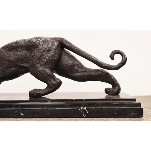 367 - AFTER DH CHIPARUS PANTHER SCULPTURE, cast metal on stone base, 23cm H x 61cm L.