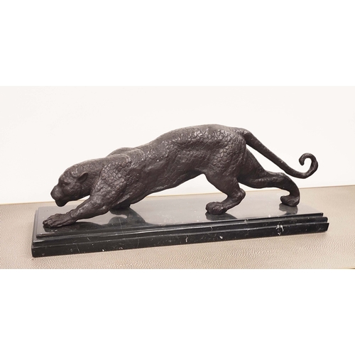 367 - AFTER DH CHIPARUS PANTHER SCULPTURE, cast metal on stone base, 23cm H x 61cm L.