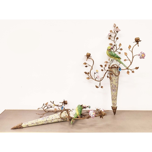 371 - WALL SCONCES, a pair, parrot design ceramic and gilt metal, 78cm H x 50cm W. (2)