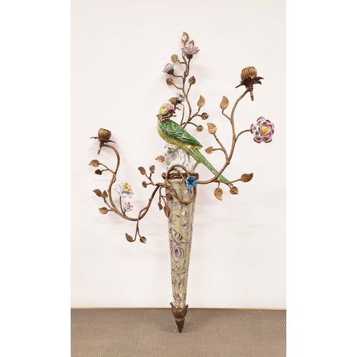 371 - WALL SCONCES, a pair, parrot design ceramic and gilt metal, 78cm H x 50cm W. (2)