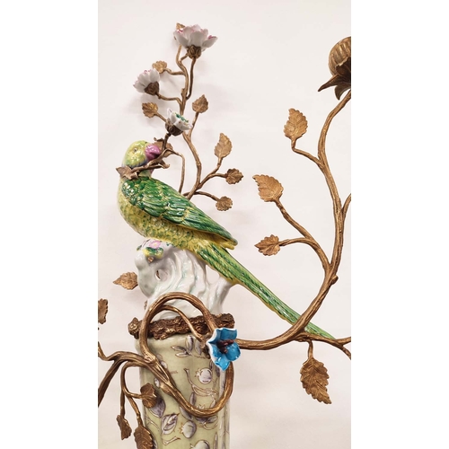 371 - WALL SCONCES, a pair, parrot design ceramic and gilt metal, 78cm H x 50cm W. (2)