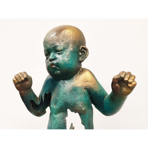 373 - CONTEMPORARY SCHOOL SCULPTURE, of an abstract baby in a bronzed metal verdigris metal style finish, ... 