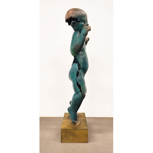 373 - CONTEMPORARY SCHOOL SCULPTURE, of an abstract baby in a bronzed metal verdigris metal style finish, ... 