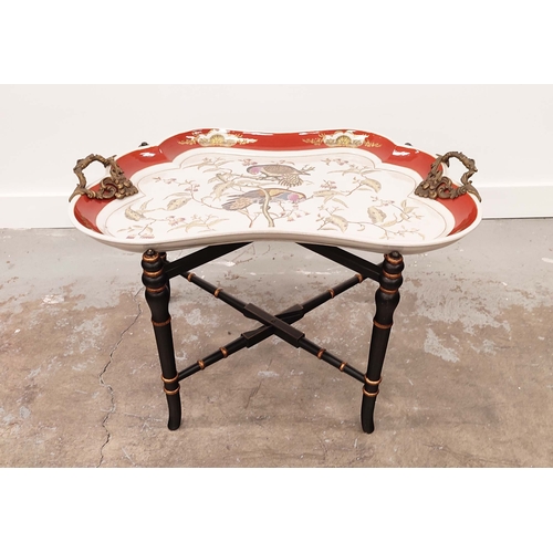 378 - TRAY TABLE, Regency style ceramic and gilt metal handled tray on black and gilt painted base, 57cm H... 